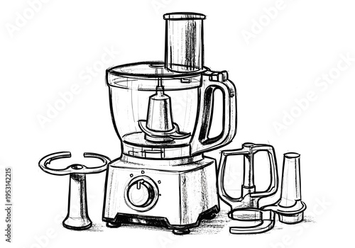 Sketch of a food processor with various attachments and blades on a white background