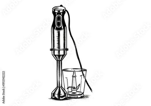 Handheld immersion blender with measuring cup and blades, isolated on white background, sketch style