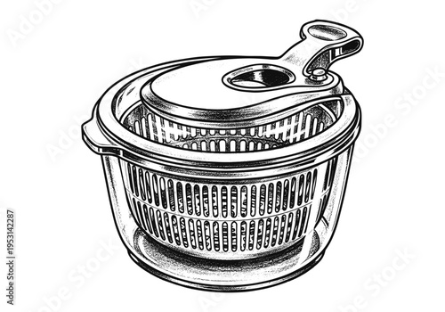 Hand-drawn illustration of a salad spinner with a clear bowl and white background
