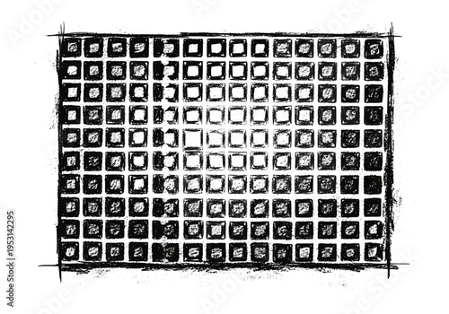 Abstract black and white grid pattern with rough texture and varying shades