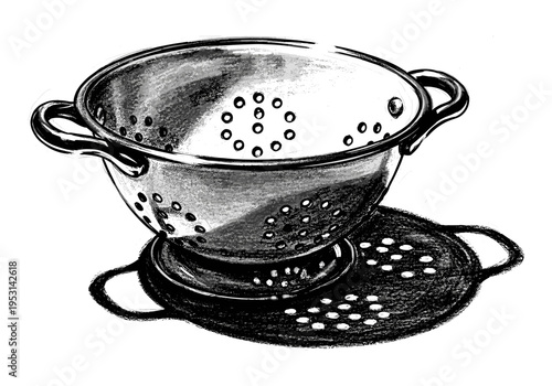 Hand-drawn illustration of a metal colander with handles on a white background