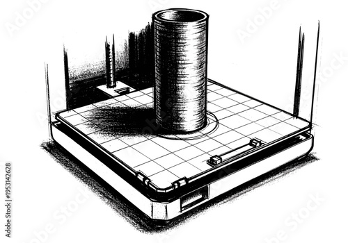 3D printer build plate with cylindrical object being printed and extruder arm above
