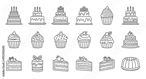 diverse line art cake and cupcake icons for bakery designs and sweet dessert menus celebrating confectionery themes.