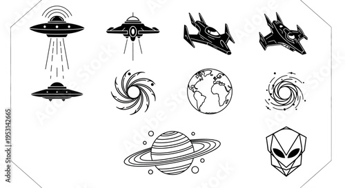 various space and alien themed icons including ufo planets and galaxies perfect for science fiction design elements