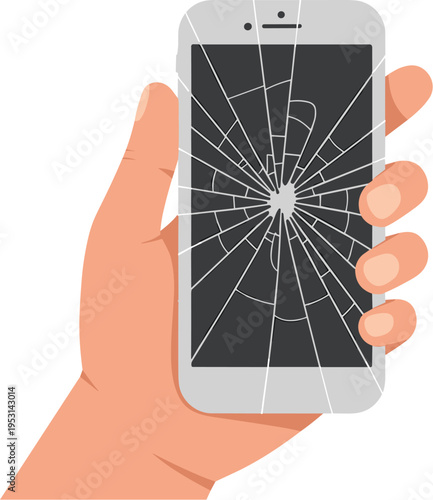 Hand Holding Smartphone with Broken Cracked Screen Glass Vector Illustration
