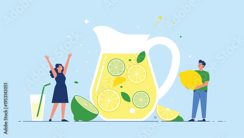 Homemade Lemonade Concept with Giant Pitcher Fresh Citrus Fruits and Tiny People Characters Celebrating Summer Refreshment Vector Illustration