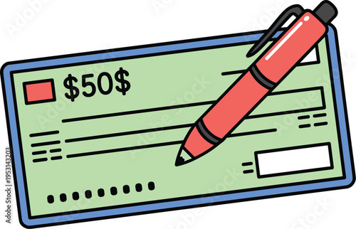 Vector Illustration of a Fifty Dollar Bank Check with Red Pen Isolated on White Background