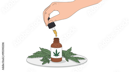 Vector illustration of a hand holding a dropper with CBD oil over a bottle with cannabis leaves on a white background