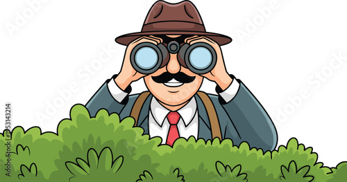 Vector illustration of a man with a mustache and hat looking through binoculars behind green bushes isolated on white background