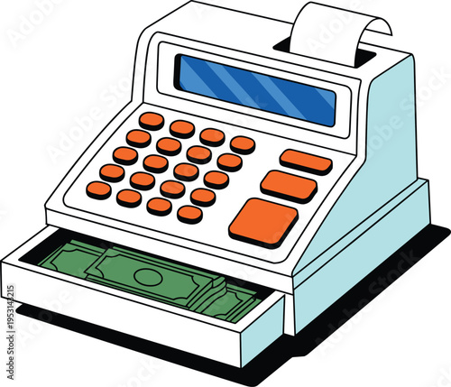 Vector Cash Register Illustration with Money and Paper Receipt Isolated on White Background