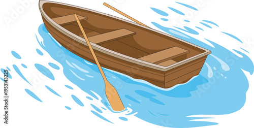 Vector illustration of a small wooden rowing boat with two oars floating on blue water ripples
