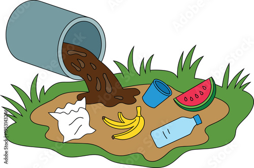Vector illustration of a trash can spilling liquid waste and garbage onto green grass representing environmental pollution