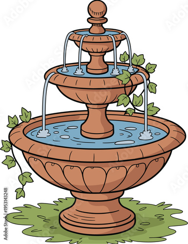 Vector illustration of a three-tiered stone garden fountain with flowing water and green ivy vines isolated on a white background
