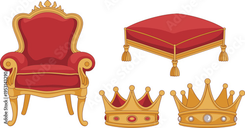 Vector set of royal golden crowns, red velvet throne chair, and ornate footstool isolated on white background