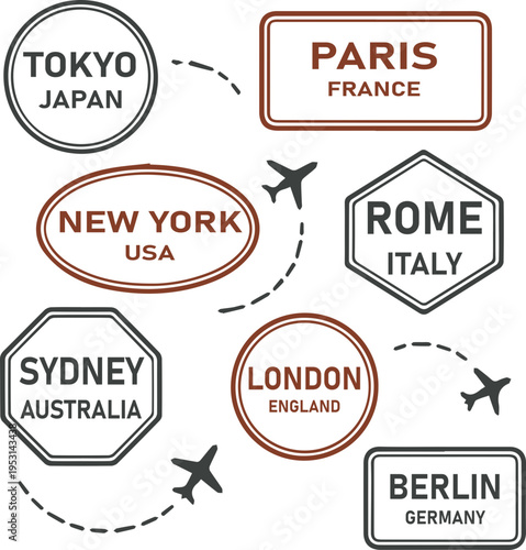 Vintage Air Mail Travel Stamp Collection Retro Aviation Badge Set