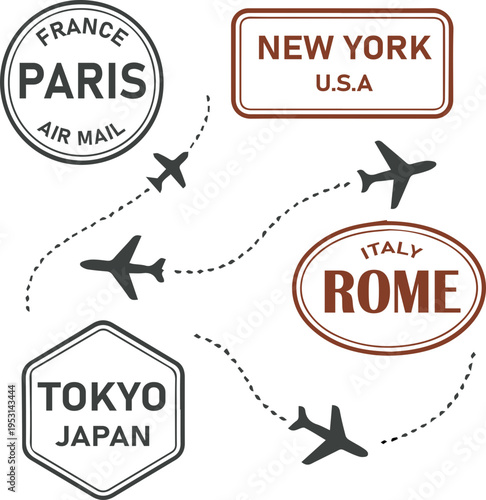 Vintage Air Mail Travel Stamp Collection Retro Aviation Badge Set