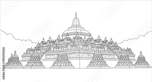 Buddhist temple mountain landscape scene.