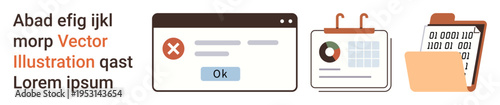 Web development, data analytics, digital interface design, information management, UI and UX design, system error. Error notification pop-up, chart graphic folder with binary code. Web development