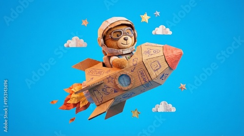 Creative Kids Toy Of Astronaut Bear Flying In Cardboard Rocket In Blue Sky