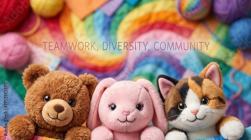 Cute Plush Friends On Rainbow Background With Teamwork And Diversity Concept Text