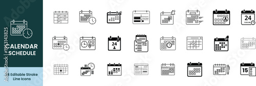 Calendar glyph Icon set, Calendar, Clock, Alarm, Checkmark, Location Pin Graph Vector line Icons illustration.