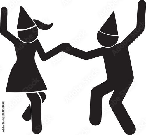 Couple dancing and celebrating with party hats