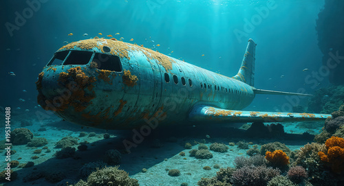 Wallpaper Mural Sunken airplane fuselage rests on ocean floor covered in coral. Small fish swim around the abandoned wreck. Underwater scene explores marine life and submerged history. Torontodigital.ca