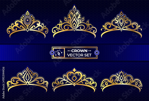 A collection of six elegant golden crown designs featuring intricate filigree and royal detailing Vector, illustration