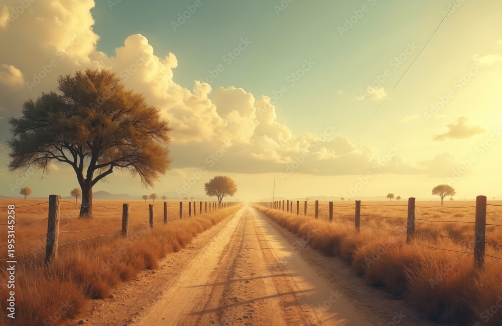 Fototapeta premium Sandy dirt road goes through dry grassland toward horizon. Lone trees stand beside fence under warm sky with clouds. Path looks peaceful empty landscape.
