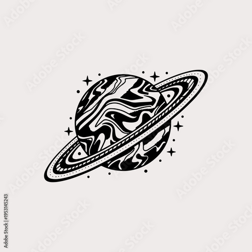 Abstract ringed planet with stars black and white illustration