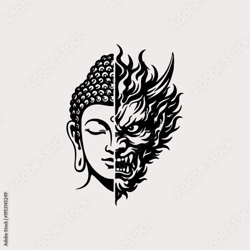 Dual face Buddha and demon contrast black and white illustration