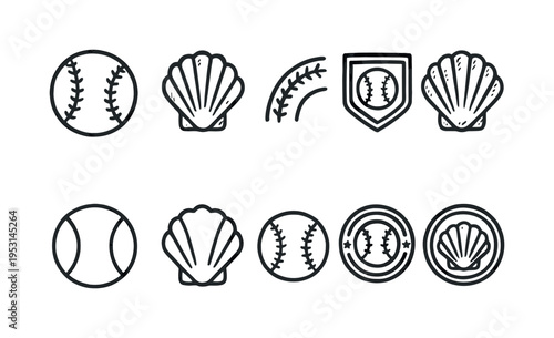 Collection of baseball and seashell icons in a simple line art style