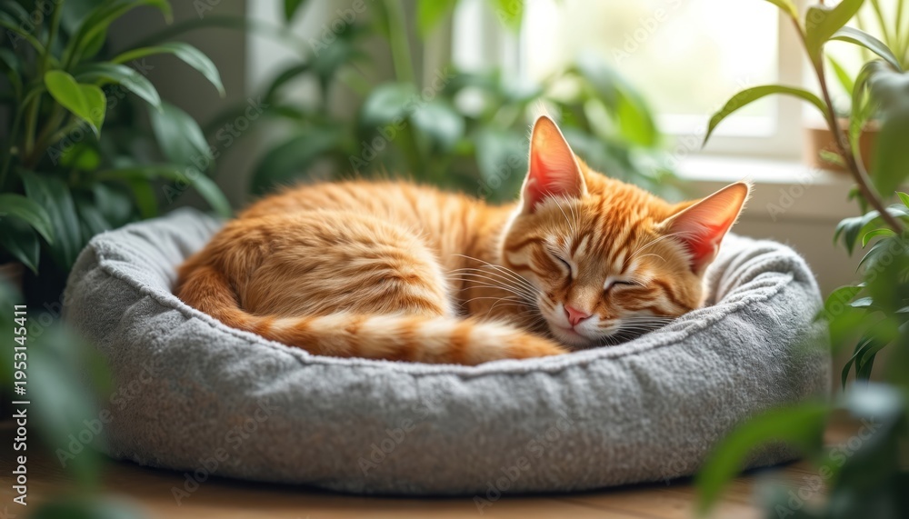 Obraz premium Orange tabby cat slepic soundly in soft grey bed, surrounded by green houseplants. Peaceful domestic pet rests indoors, feeling safe and content. Feline enjoys quiet nap on comfortable cushion.