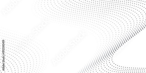 Flowing dots particles wave pattern 3D curve halftone black gradient curve shape isolated on white background.