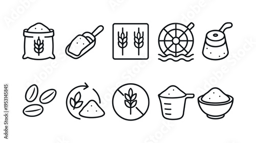 Collection of line art icons representing flour production and ingredients