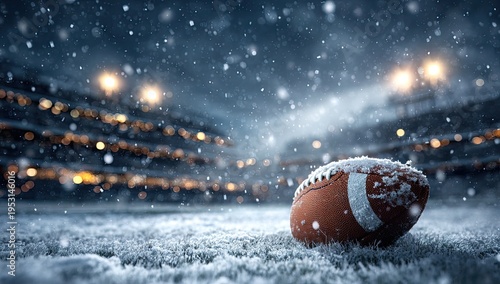 Football sits on snowy field under stadium lights