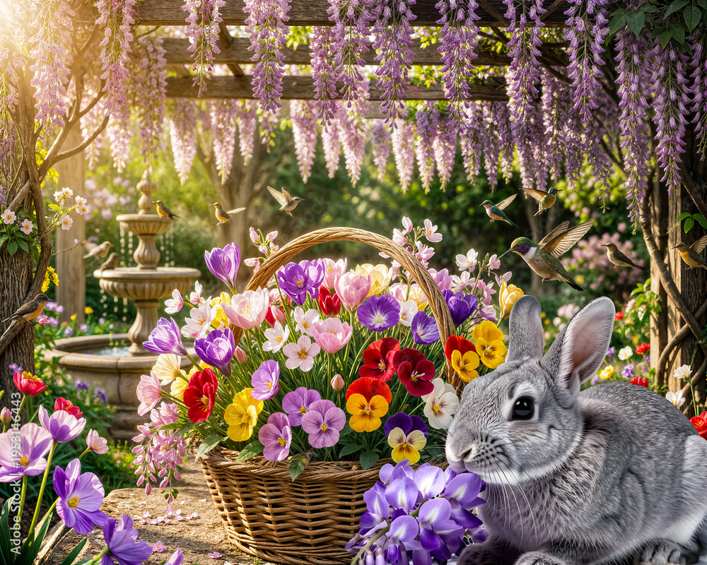 Fototapeta premium A cheerful bunny is encircled by a basket full of vibrant flowers in a vibrant garden scene. Hummingbirds add color by fluttering around.