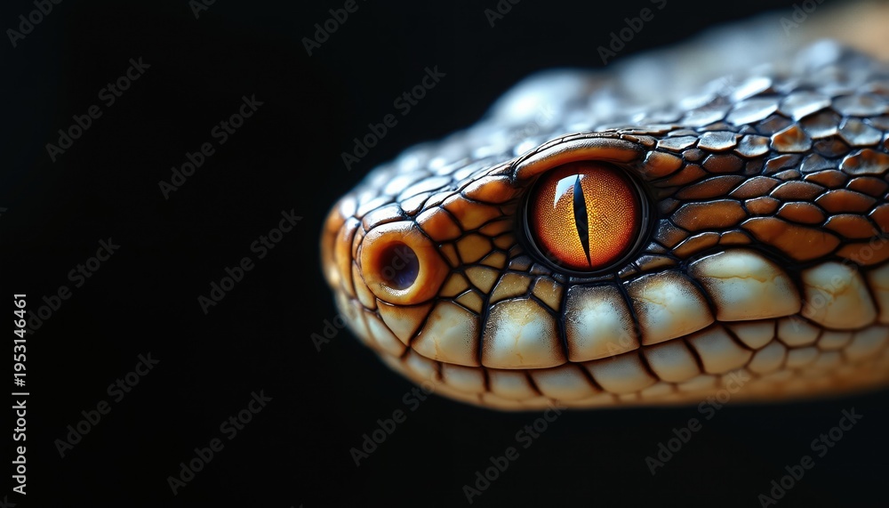 Fototapeta premium Close-up of a snake face with intense orange eyes and detailed scales. Reptile shows its characteristic features against a dark background. Focus is on the predatory stare and textured skin.