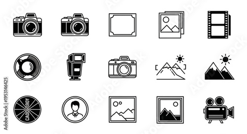 Camera icons and photography symbols.