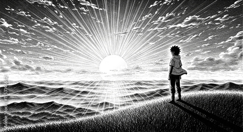 Child Looking at Ocean Sunset.