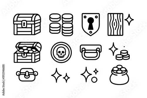 Collection of pirate treasure icons including chests, coins, and a skull emblem