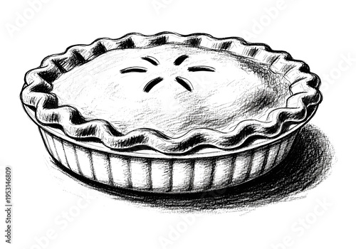 Hand-drawn sketch of a classic apple pie with a flaky crust and decorative vents