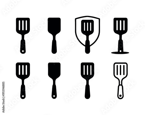 Collection of eight black spatula icons on a white background, diverse designs