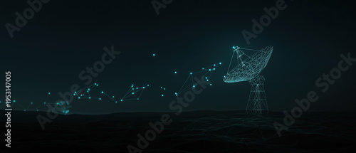 Futuristic glowing satellite dish emerges from dark digital landscape, connected via luminous constellation network.