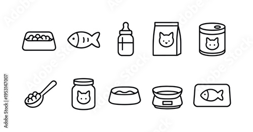 Collection of simple line art icons representing cat food and feeding accessories