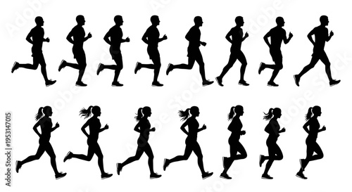 silhouettes of men and women running illustrating active lifestyles and healthy exercise routines.