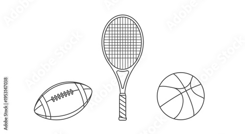 simple outline icons of sports equipment including american football tennis racket and basketball on a white background.