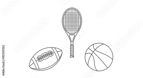 sports equipment line art illustration of tennis racket american football and basketball on white for athletic themes.