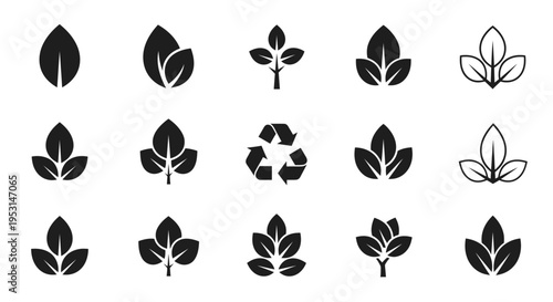 various minimalist leaf and recycling vector icons representing nature ecology and sustainability for eco-friendly design projects.