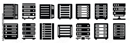 server rack silhouette vector icon set collection and isolated on transparent background.